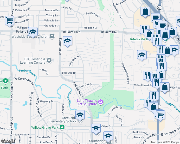 map of restaurants, bars, coffee shops, grocery stores, and more near 726 Blue Oak Drive in Lewisville