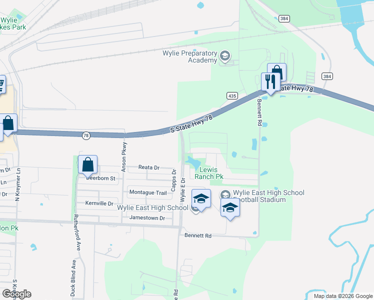 map of restaurants, bars, coffee shops, grocery stores, and more near 3400 Chadbourne Drive in Wylie