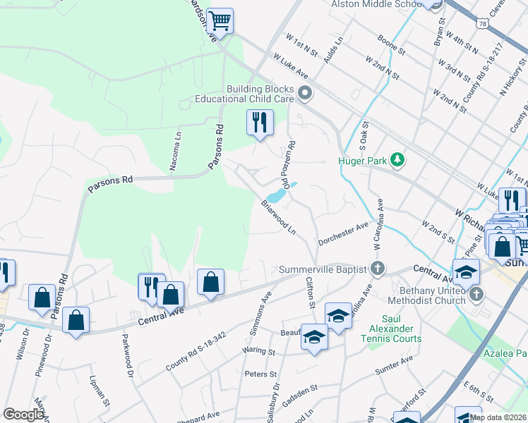 map of restaurants, bars, coffee shops, grocery stores, and more near 104 Willis Lane in Summerville