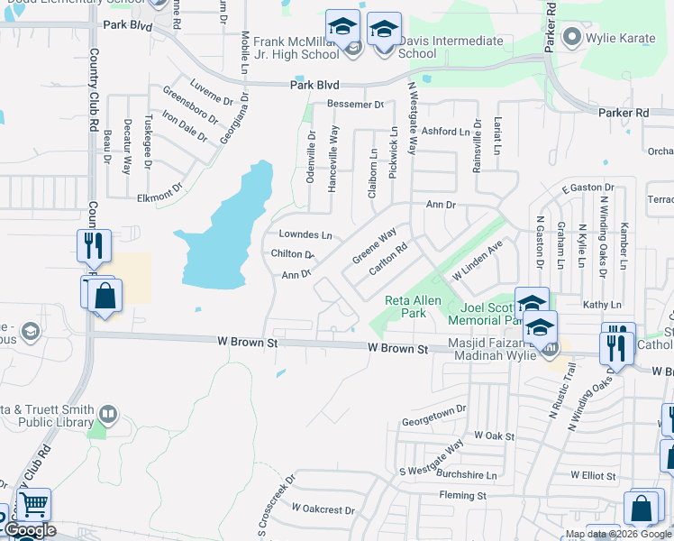 map of restaurants, bars, coffee shops, grocery stores, and more near 918 Greene Way in Wylie