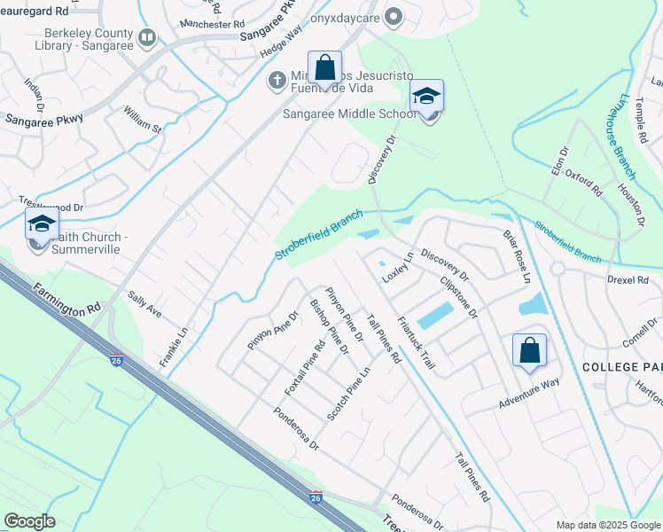 map of restaurants, bars, coffee shops, grocery stores, and more near 260 Tall Pines Road in Ladson