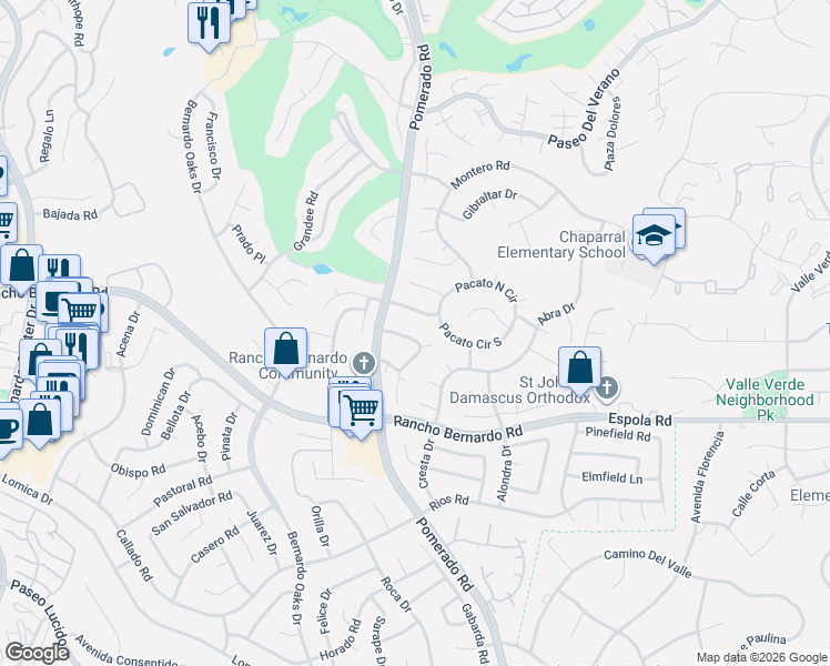 map of restaurants, bars, coffee shops, grocery stores, and more near 12574 Caminito De La Gallarda in San Diego