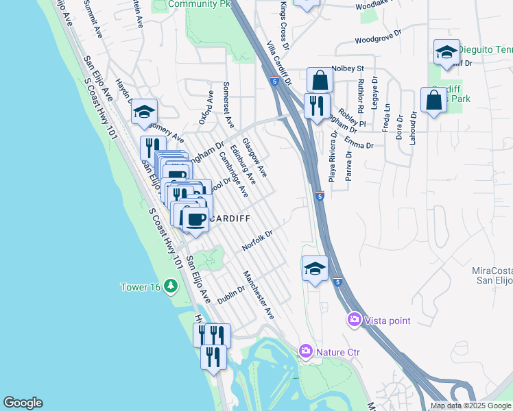map of restaurants, bars, coffee shops, grocery stores, and more near 2224 Cambridge Avenue in Encinitas