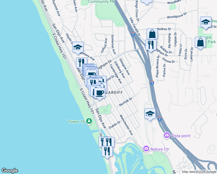 map of restaurants, bars, coffee shops, grocery stores, and more near in Encinitas
