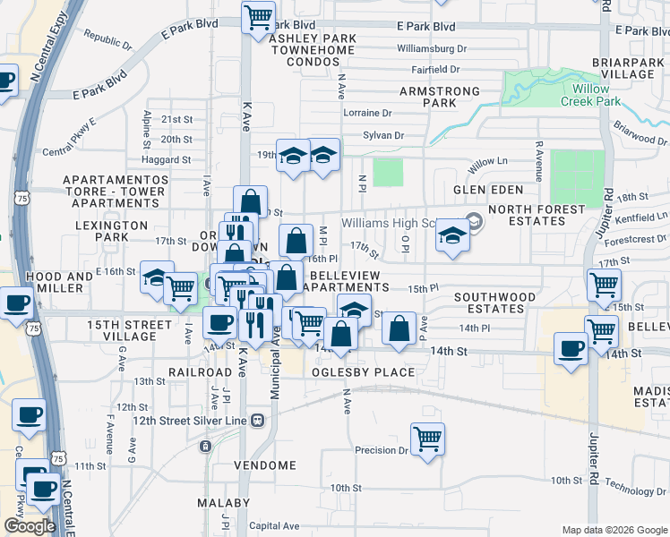 map of restaurants, bars, coffee shops, grocery stores, and more near 1407 15th Place in Plano