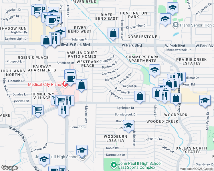 map of restaurants, bars, coffee shops, grocery stores, and more near 3600 Westview Lane in Plano