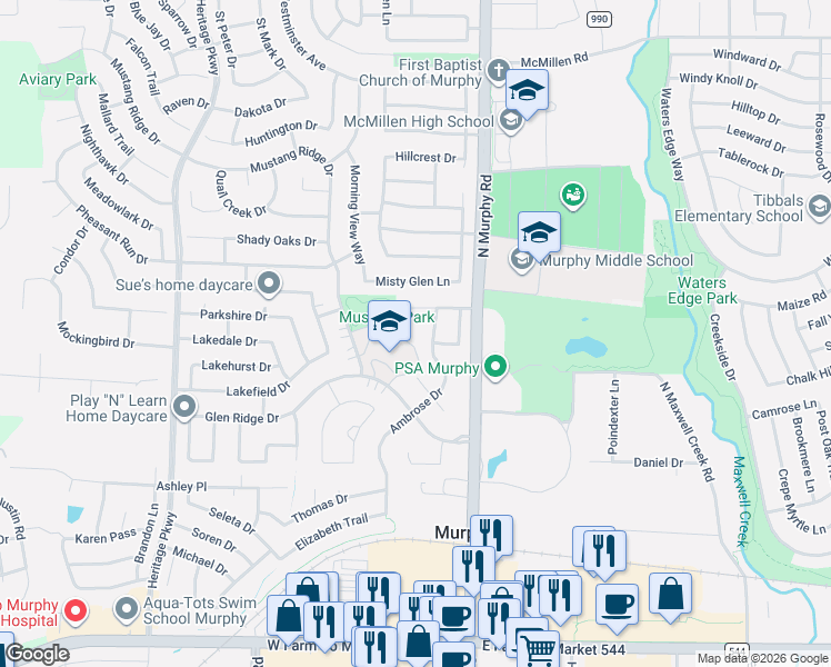 map of restaurants, bars, coffee shops, grocery stores, and more near 501 Ambrose Drive in Murphy