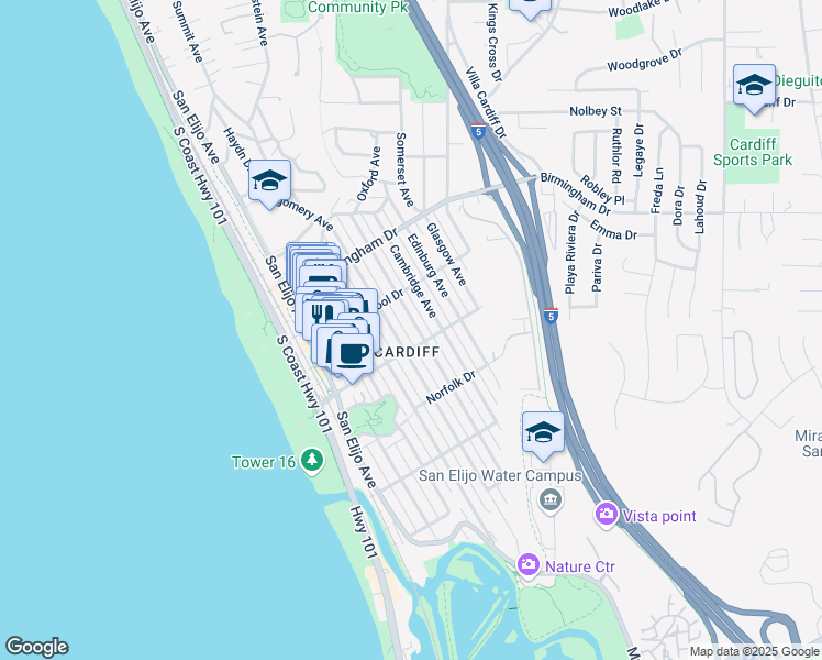 map of restaurants, bars, coffee shops, grocery stores, and more near 2166 Oxford Avenue in Encinitas
