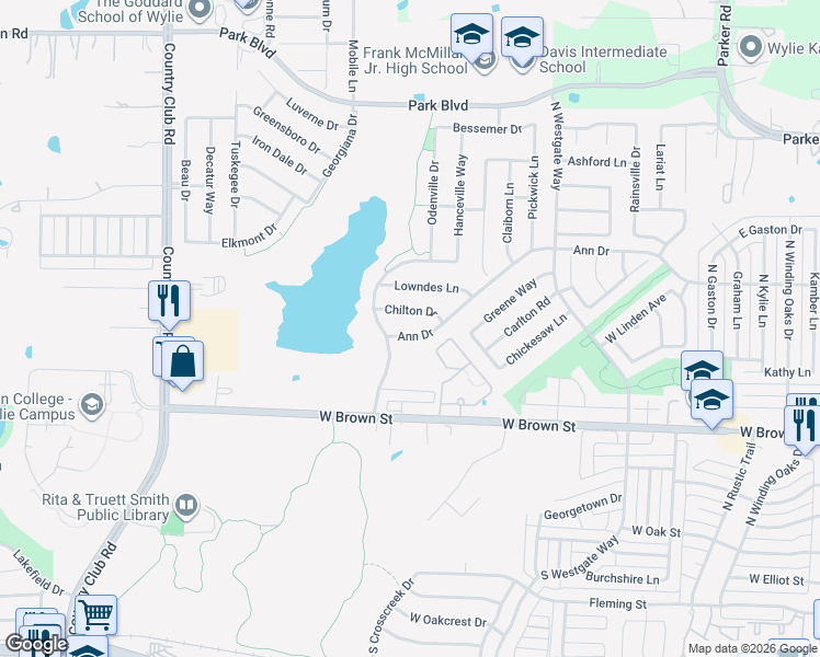 map of restaurants, bars, coffee shops, grocery stores, and more near 1104 Ann Drive in Wylie