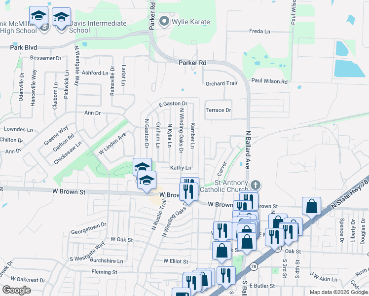 map of restaurants, bars, coffee shops, grocery stores, and more near 408 North Winding Oaks Drive in Wylie