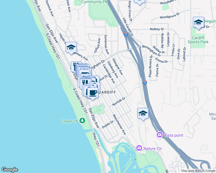 map of restaurants, bars, coffee shops, grocery stores, and more near 2166 Oxford Avenue in Encinitas