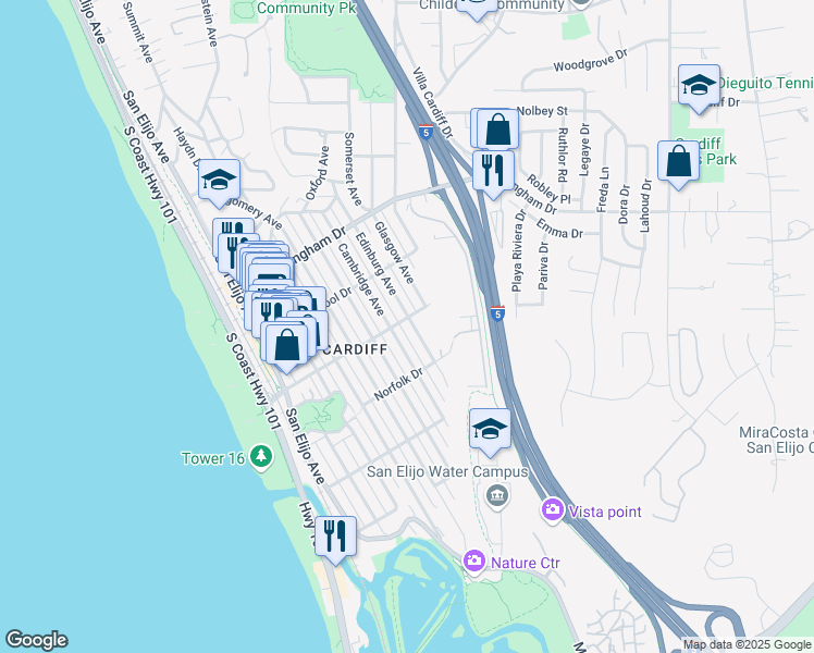 map of restaurants, bars, coffee shops, grocery stores, and more near 2210 Edinburg Avenue in Encinitas