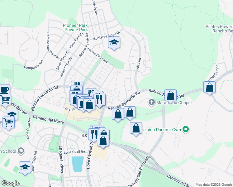 map of restaurants, bars, coffee shops, grocery stores, and more near 17030 Patina Street in San Diego