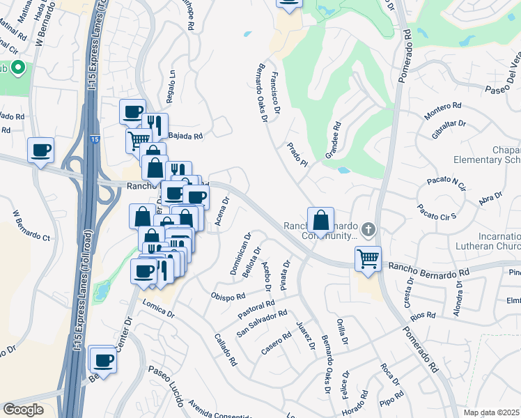 map of restaurants, bars, coffee shops, grocery stores, and more near 12075 Hierba Place in San Diego