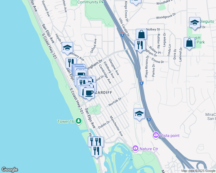 map of restaurants, bars, coffee shops, grocery stores, and more near 2224 Cambridge Avenue in Encinitas