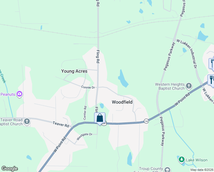 map of restaurants, bars, coffee shops, grocery stores, and more near 441 Fling Road in LaGrange