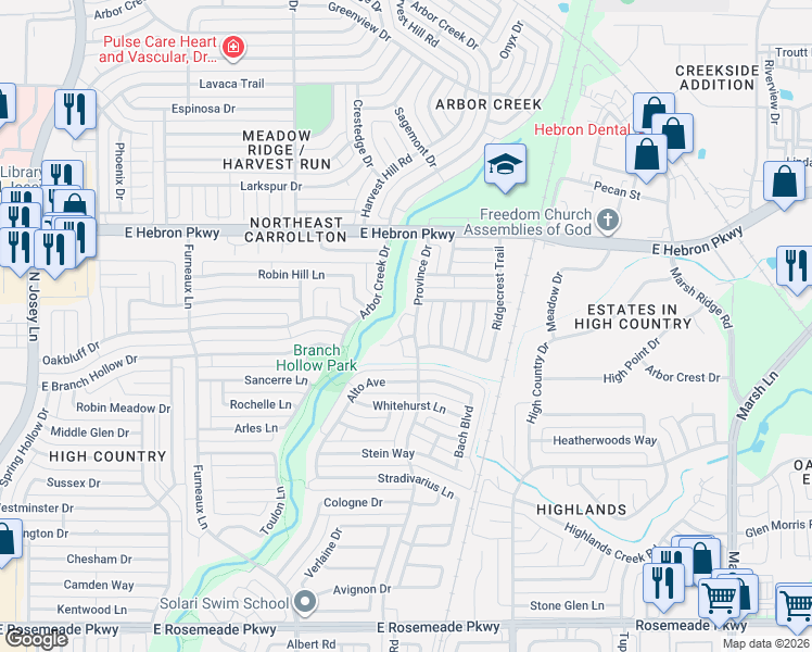 map of restaurants, bars, coffee shops, grocery stores, and more near 4005 Province Drive in Carrollton