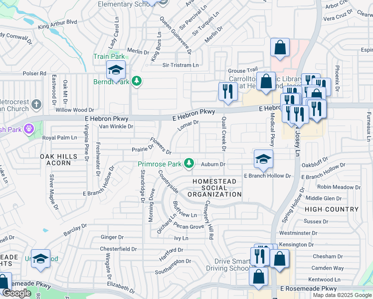 map of restaurants, bars, coffee shops, grocery stores, and more near 1648 Flowers Drive in Carrollton
