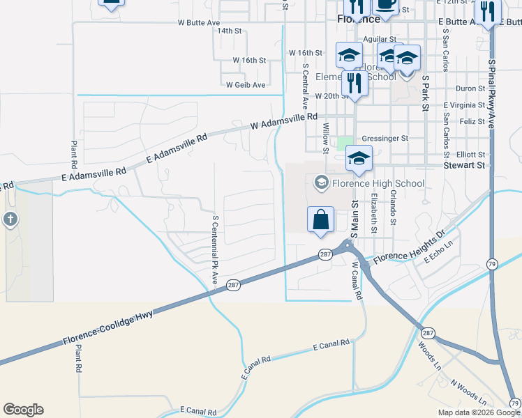 map of restaurants, bars, coffee shops, grocery stores, and more near 240 Arizona 287 in Florence