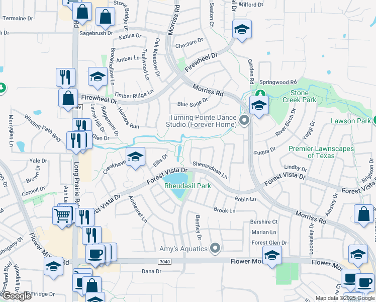 map of restaurants, bars, coffee shops, grocery stores, and more near 2625 Normandy Drive in Flower Mound