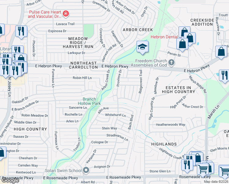 map of restaurants, bars, coffee shops, grocery stores, and more near 4005 Province Drive in Carrollton