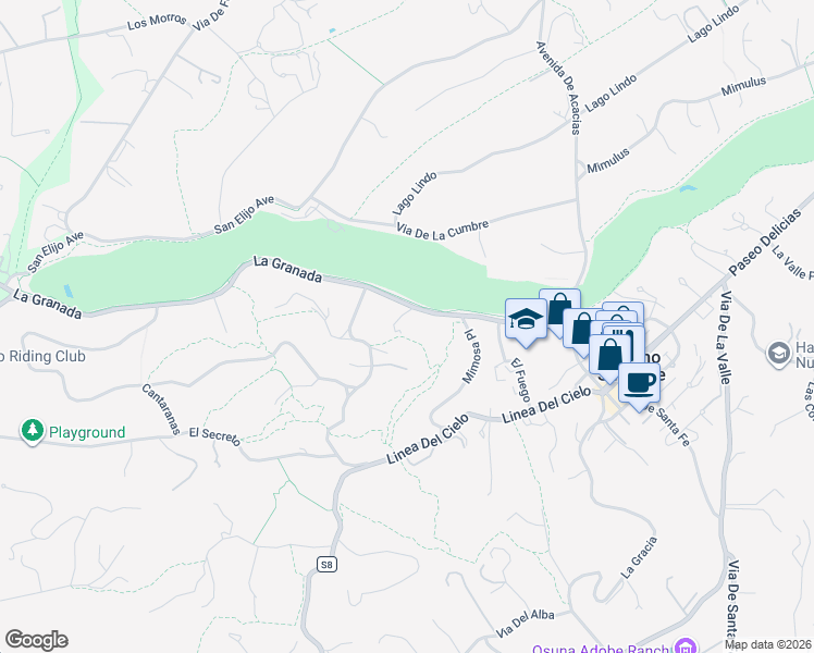 map of restaurants, bars, coffee shops, grocery stores, and more near 5705 La Granada in Rancho Santa Fe