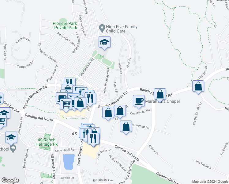 map of restaurants, bars, coffee shops, grocery stores, and more near 17128 Patina Street in San Diego
