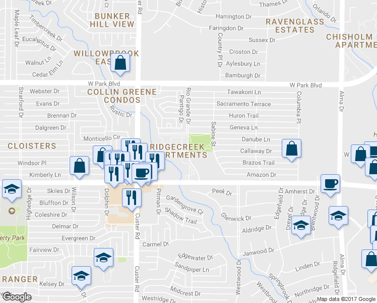 map of restaurants, bars, coffee shops, grocery stores, and more near 1620 Rio Grande Drive in Plano