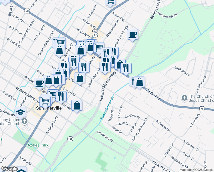 map of restaurants, bars, coffee shops, grocery stores, and more near 401 East 3rd North Street in Summerville