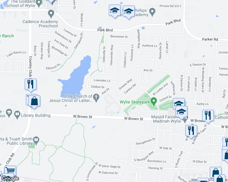 map of restaurants, bars, coffee shops, grocery stores, and more near 914 Greene Way in Wylie