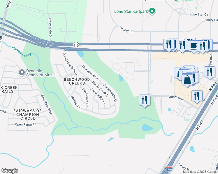 map of restaurants, bars, coffee shops, grocery stores, and more near 2933 Maple Creek Drive in Fort Worth