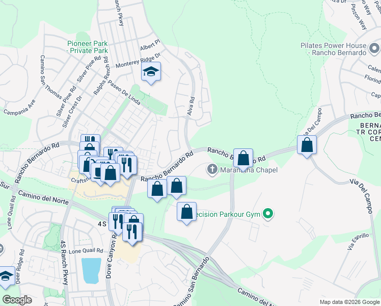 map of restaurants, bars, coffee shops, grocery stores, and more near Rancho Bernardo Road & Alva Road in San Diego