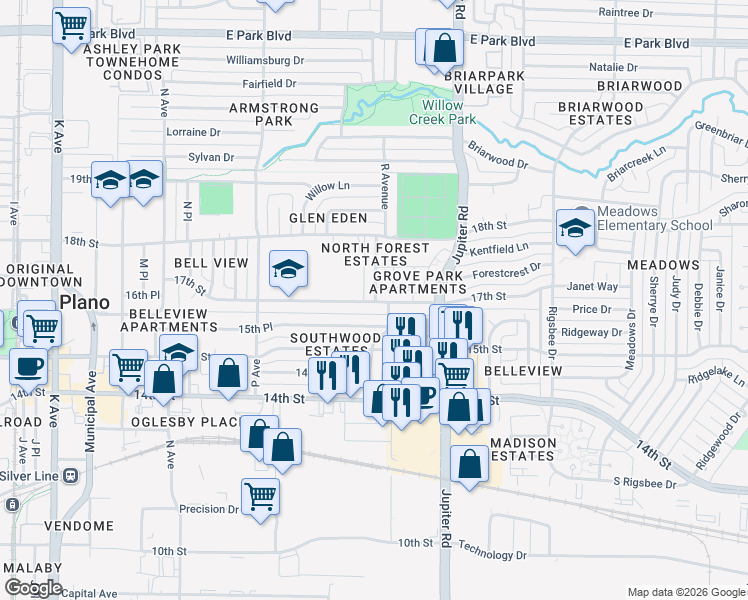 map of restaurants, bars, coffee shops, grocery stores, and more near 1701 R Avenue in Plano