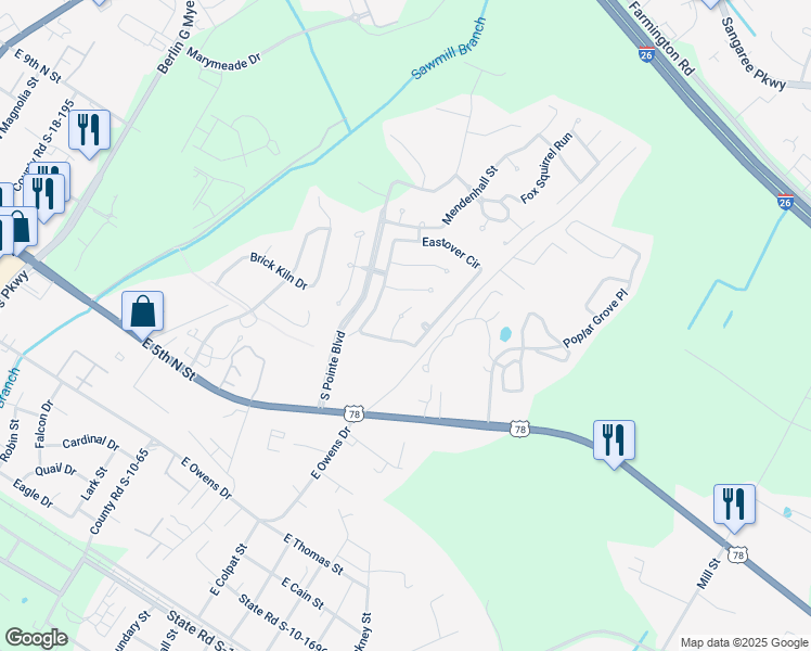 map of restaurants, bars, coffee shops, grocery stores, and more near 210 Eastover Circle in Summerville