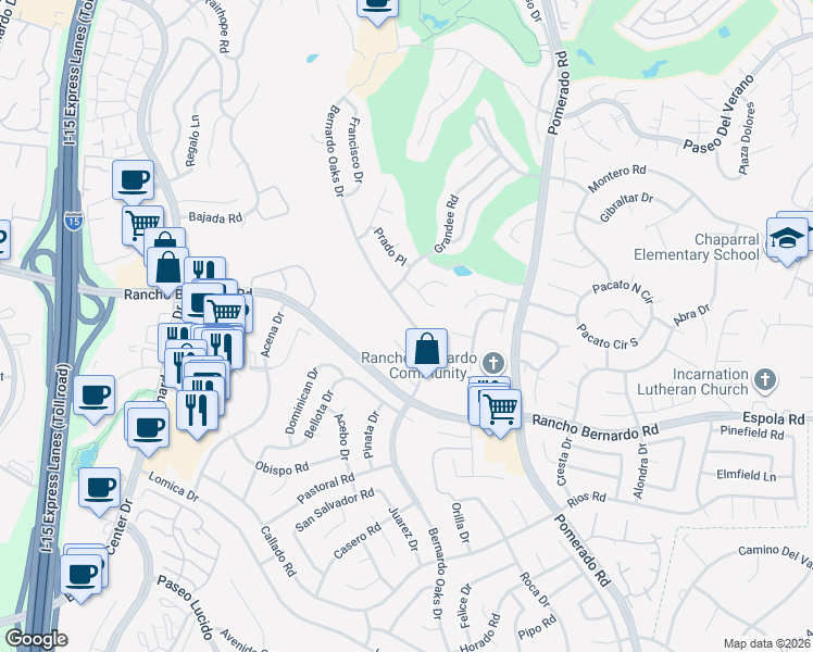 map of restaurants, bars, coffee shops, grocery stores, and more near 17052 Bernardo Oaks Drive in San Diego