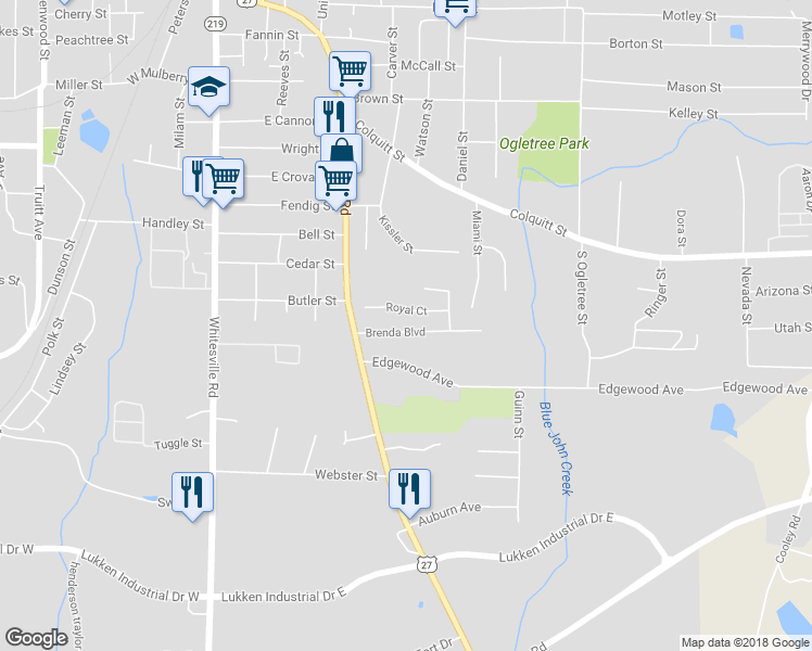 map of restaurants, bars, coffee shops, grocery stores, and more near 115 Brenda Boulevard in LaGrange