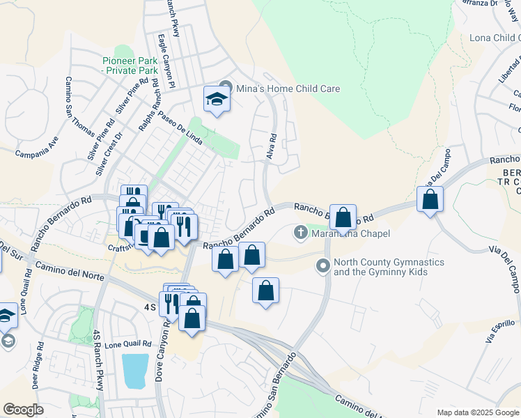 map of restaurants, bars, coffee shops, grocery stores, and more near 17152 Russet Street in San Diego