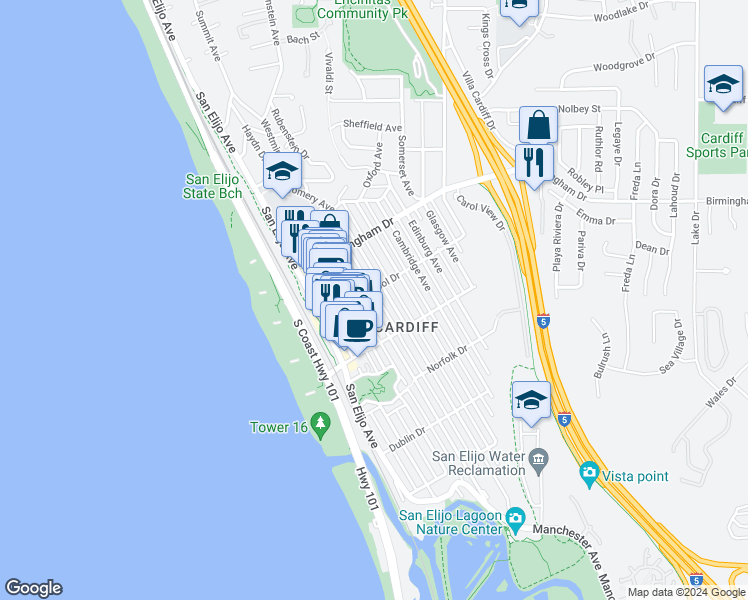 map of restaurants, bars, coffee shops, grocery stores, and more near 2080 Montgomery Avenue in Encinitas