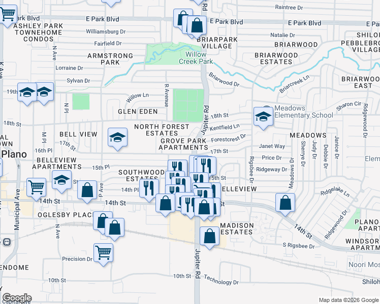 map of restaurants, bars, coffee shops, grocery stores, and more near 2100 Forestcrest Drive in Plano