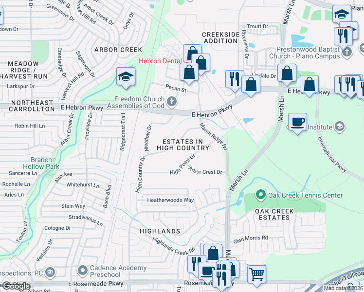 map of restaurants, bars, coffee shops, grocery stores, and more near 2230 High Country Drive in Carrollton