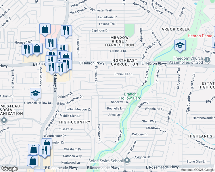 map of restaurants, bars, coffee shops, grocery stores, and more near 2009 Crestside Drive in Carrollton
