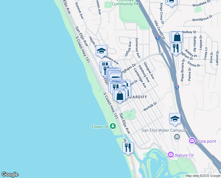 map of restaurants, bars, coffee shops, grocery stores, and more near 2015 San Elijo Avenue in Encinitas
