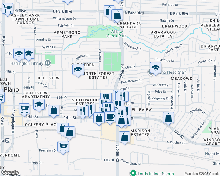 map of restaurants, bars, coffee shops, grocery stores, and more near 1705 Jupiter Road in Plano
