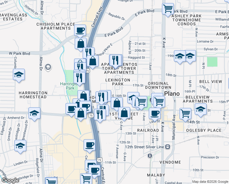 map of restaurants, bars, coffee shops, grocery stores, and more near 700 18th Street in Plano