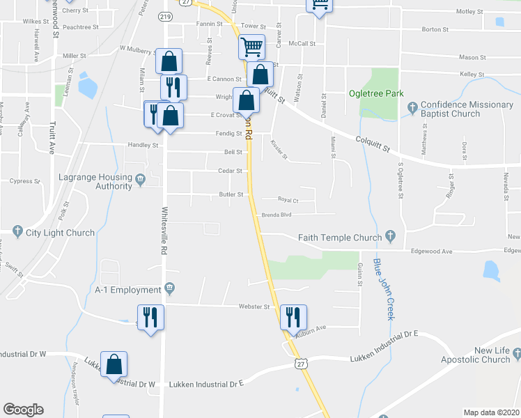 map of restaurants, bars, coffee shops, grocery stores, and more near 1213 Hamilton Road in LaGrange
