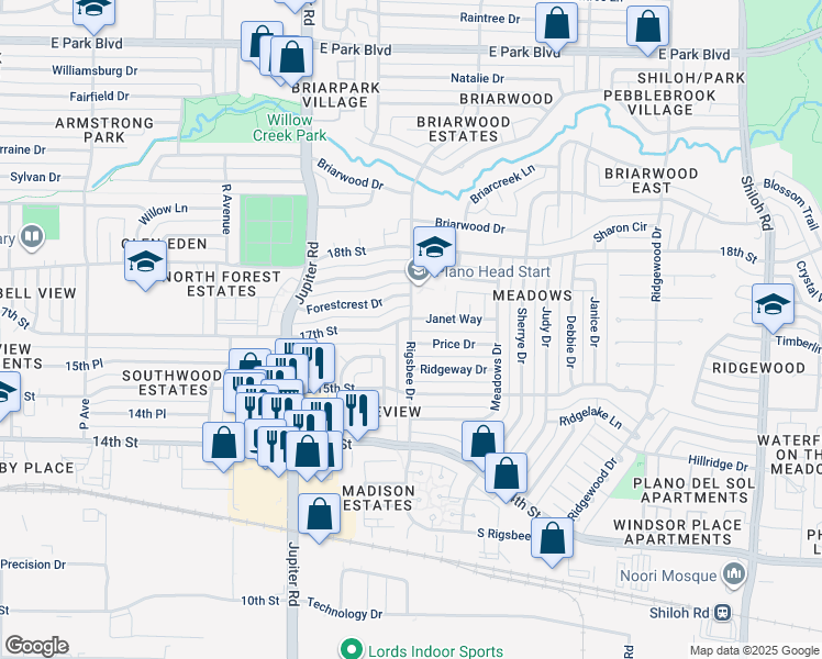 map of restaurants, bars, coffee shops, grocery stores, and more near 1570 Rigsbee Drive in Plano