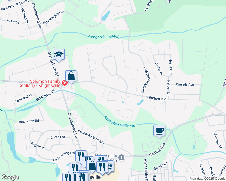 map of restaurants, bars, coffee shops, grocery stores, and more near 102 Dream Street in Summerville