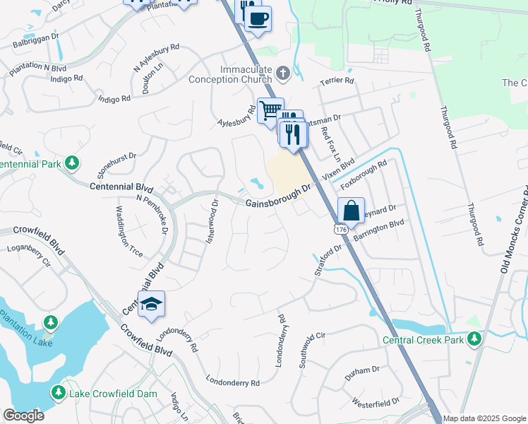 map of restaurants, bars, coffee shops, grocery stores, and more near 104 Chinaberry Court in Goose Creek