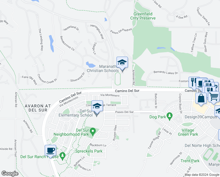 map of restaurants, bars, coffee shops, grocery stores, and more near 9541 Old Course Road in San Diego