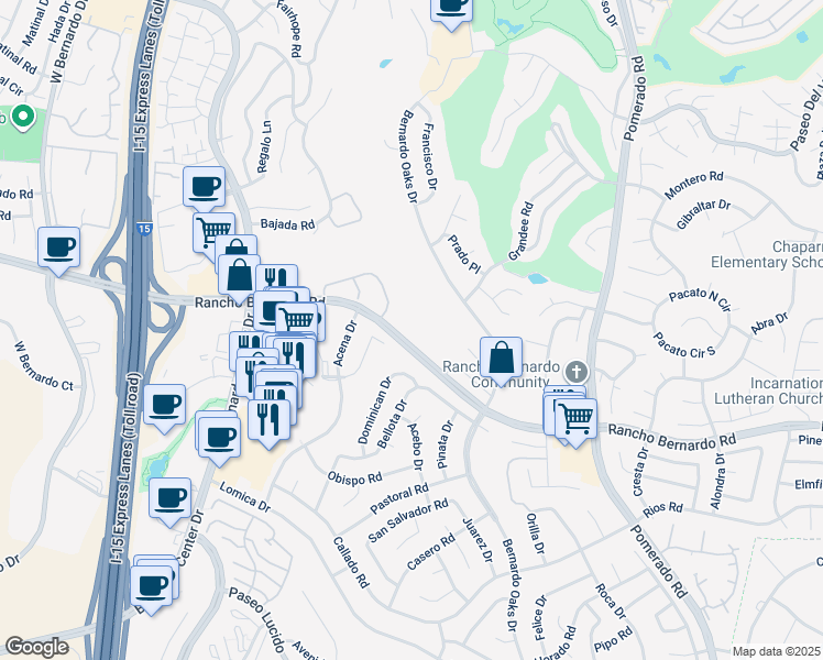 map of restaurants, bars, coffee shops, grocery stores, and more near 12136 Rancho Bernardo Road in San Diego
